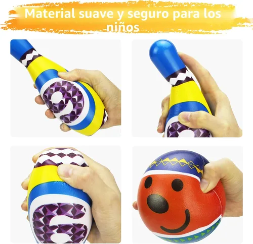 Vista 3 de iPlay, iLearn Juego de juguetes de bolos para niños, juego de actividades para interiores y exteriores, juego de 10 pines de espuma suave y dos