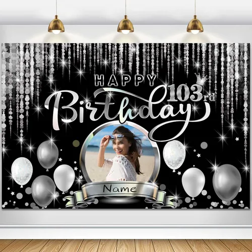 Vista 19 de Cartel de decoración de feliz cumpleaños número 100 personalizado - Personalización disponible - Negro y plateado - Tamaño grande - Admite fotos