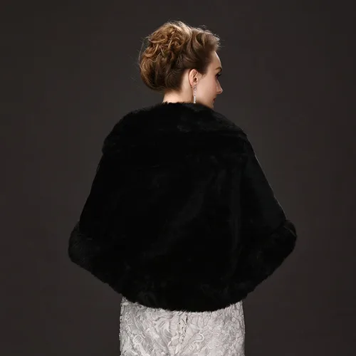 Vista 4 de CHITONE Abrigo de piel sintética negra para mujer, chal para boda, fiesta, espectáculo, Negro