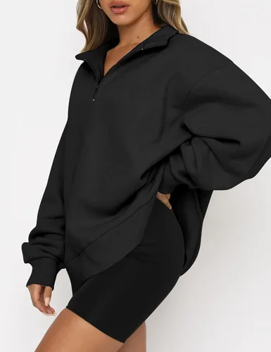 Vista 2 de Trendy Queen Sudadera de gran tamaño con media cremallera para mujer, sudadera de manga larga con cremallera de un cuarto, sudadera con capucha