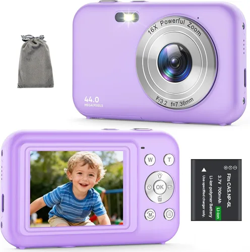 Vista 8 de Cámara digital, cámara para niños con tarjeta de 32 GB, FHD 1080P 44MP cámara de vlogging, cámara digital de zoom de 16X y disparo, cámaras Negro