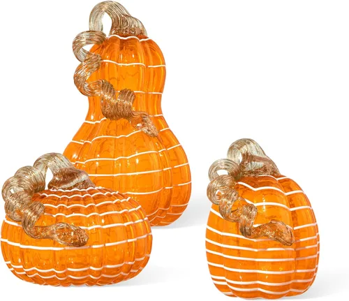 Vista 8 de Glitzhome Calabaza de cristal soplada a mano 3pcs Calabaza de cristal de otoño, azul/blanco