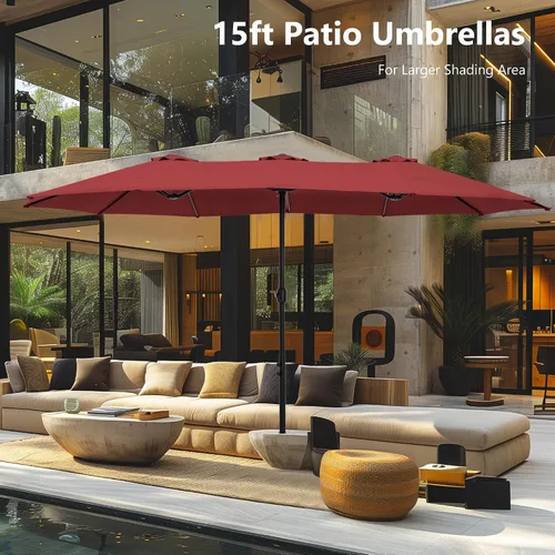 Vista 7 de MFSTUDIO Sombrilla de patio de 15 pies con base incluida, sombrilla rectangular grande de mercado de doble cara para exteriores con mango