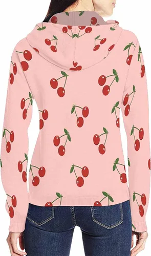 Vista 4 de InterestPrint Sudadera con capucha de manga larga para mujer, con cremallera completa, color rojo flor de cerezo