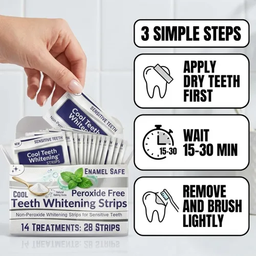 Vista 7 de Tiras blanqueadoras de dientes para dientes sensibles, sin peróxido, 28 unidades 14 días Tiras blanqueadoras de dientes a base de plantas, cuidado