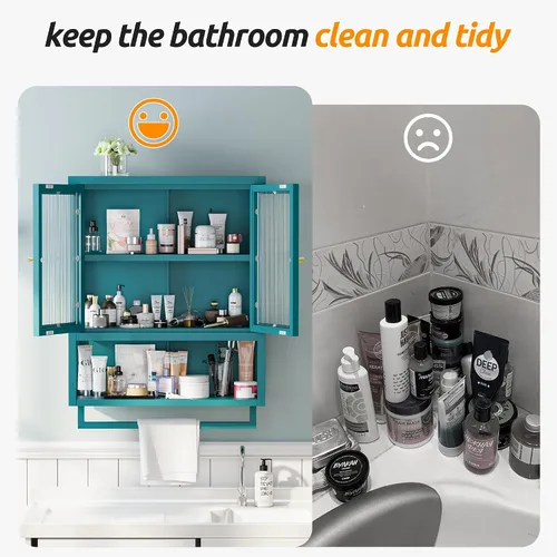 Vista 7 de Armario de pared de baño con 2 puertas de vidrio, botiquín de baño con barra de toallas y estantes, gabinete de almacenamiento sobre el inodoro