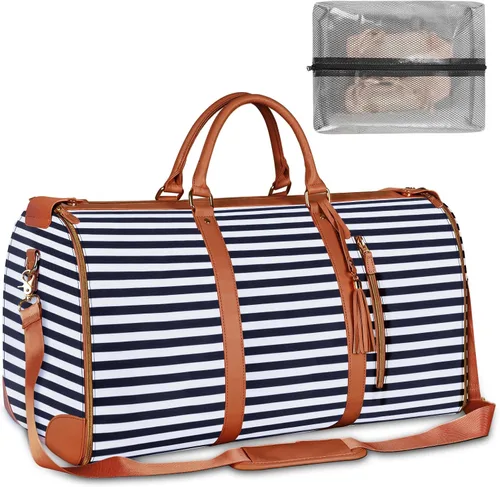 Vista 17 de Bolsa de ropa de equipaje de mano, bolsas grandes de cuero PU para ropa de viaje con bolsa para zapatos, Grande, Bolso B-Rayas Blancas Negras