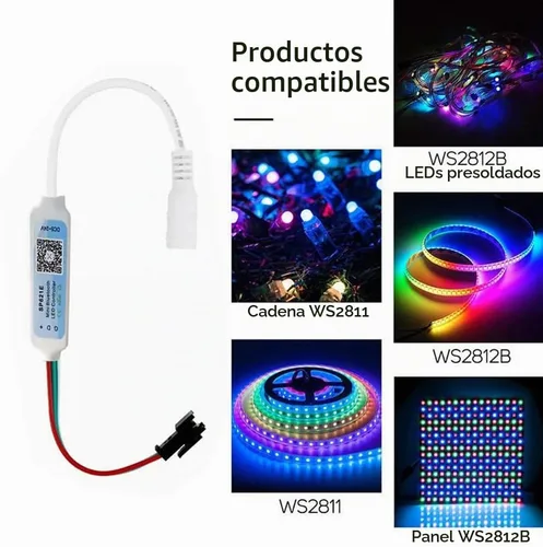 Vista 8 de DC5-24V SP621E Mini controlador LED Bluetooth Control APP para WS2811 WS2812B SK6812 Pixeles Dream Color LED Strip (con conector de CC)