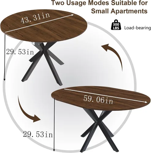 Vista 2 de Juego de mesa de comedor redonda para 6, juego de mesa de comedor extensible de 43-59 pulgadas, mesa de grano de madera de nogal y 6 sillas Marrón