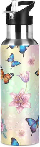 Vista 8 de BPA-Free Sports Water Bottle 20 Oz, Insulated Stainless Steel Water Bottle with Straw for Gym Outdoor Travel School, Colorful Butterflies