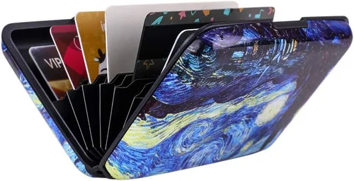 Vista 6 de ELFISH Cartera de aluminio con bloqueo RFID para tarjetas de crédito para hombres y mujeres, ver luna, Cartera RFID