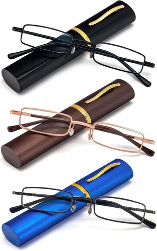 Vista 15 de REAVEE - 2 unidades de gafas de lectura con bolígrafo delgado para hombres y mujeres, tamaño pequeño de bolsillo, tubo con bisagra de resorte