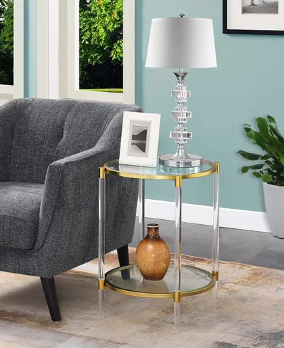 Vista 2 de Convenience Concepts Royal Crest - Mesa auxiliar de cristal acrílico de 2 niveles, vidrio/dorado