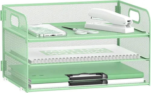 Vista 10 de Daltack Organizador de papel de 3 niveles con asa, organizador de escritorio de malla, bandeja de cartas, organizador de archivos para carpetas A4