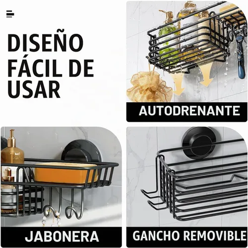 Vista 5 de LEVERLOC Organizador de ducha con ventosa, estante de baño con gancho y soporte para jabón 1 x negro