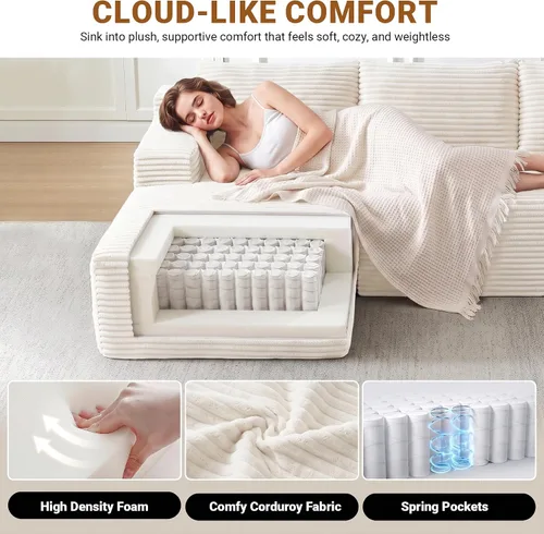 Vista 3 de Sofá modular Cloud de 97 pulgadas, moderno sofá deshuesado con diván, asiento profundo, sofá modular en forma de L, sofás de espuma de pana