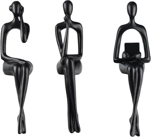 Vista 9 de SHENGTIAN Escultura de lectura de resina, estatua de pensador sentado negro, esculturas abstractas, detalles de decoración de estantería, oficina