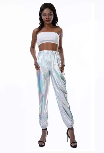 Vista 4 de Zaxicht - Pantalones deportivos color metálico brillante para mujer estilo informal con cintura alta