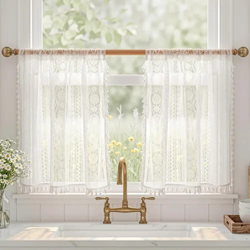Vista 31 de MYSKY HOME Cortinas de encaje beige para puerta francesa de 40 pulgadas de largo, 2 paneles de cortinas florales bohemias transparentes para puerta