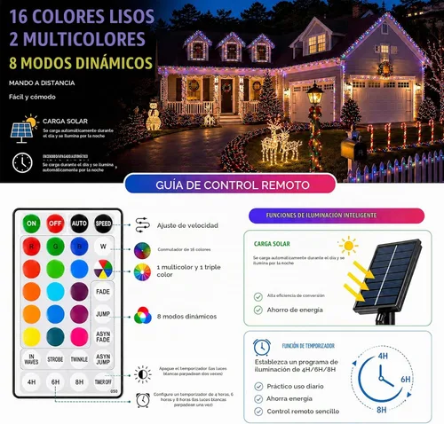Vista 4 de Vigdur Cuerda de luces solares de 33 pies para exteriores, 100 LED, 18 luces LED que cambian de color, impermeable, con control remoto y Varios