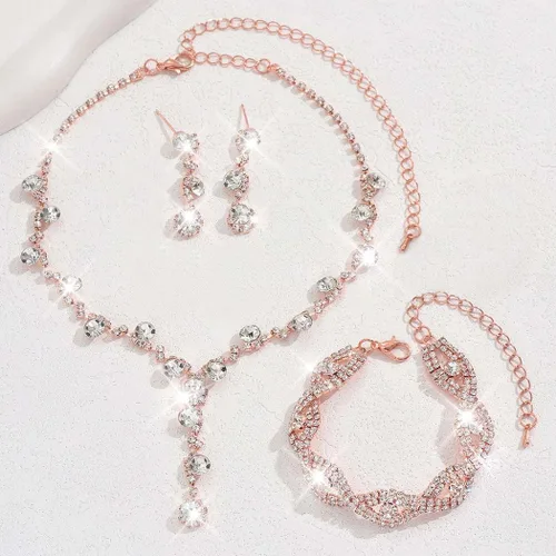 Vista 3 de Unicra - Juego de joyas de boda para novia con diamantes de imitación, collar para novia, pulsera, aretes, joyería de graduación para mujer y novias