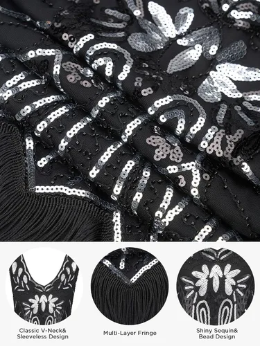 Vista 5 de SWEETV Vestido de lentejuelas para mujer, vestido con flecos de Gatsby de los años 20 con accesorios de los años 20 para formalfiestabaileclub