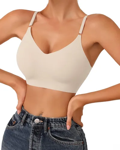 Vista 3 de DEANGELMON Bralettes con cuello en V, acolchado, sin costuras, tirantes ajustables, sujetadores básicos para dormir
