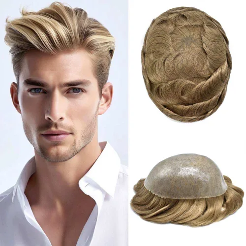 Vista 43 de Toupee para hombres Sistema de reemplazo de cabello humano real para hombres Completo PU Mens Hairpiece de aspecto natural para hombre piezas