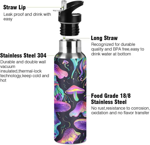 Vista 3 de Insulated Stainless Steel Water Bottle with Straw 32 Oz, Leakproof Water Bottles for Gym Outdoor Travel School, Psychedelic Mushrooms Purple