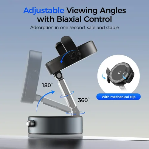 Vista 5 de Soporte magnético de succión 2 en 1 con clip y vacío, soporte de teléfono con ventosa ajustable de 360°, soporte para teléfono celular manos libres