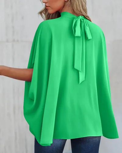 Vista 46 de BTFBM Blusas de verano para mujer, cuello alto falso, manga murciélago, holgadas, dobladillo alto y bajo, blusas informales de gran