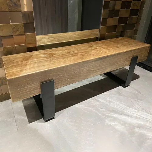 Vista 4 de Banco de comedor de madera, banco de madera para interiores, sin espalda, con patas de metal, silla rústica para patio y jardín, para muebles