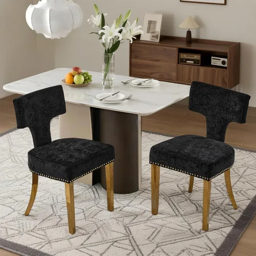 Vista 14 de SoarFlash Juego de 2 sillas de comedor modernas de madera, silla tapizada de tela de lino de granja, respaldo curvado con clavos de cobre alrededor