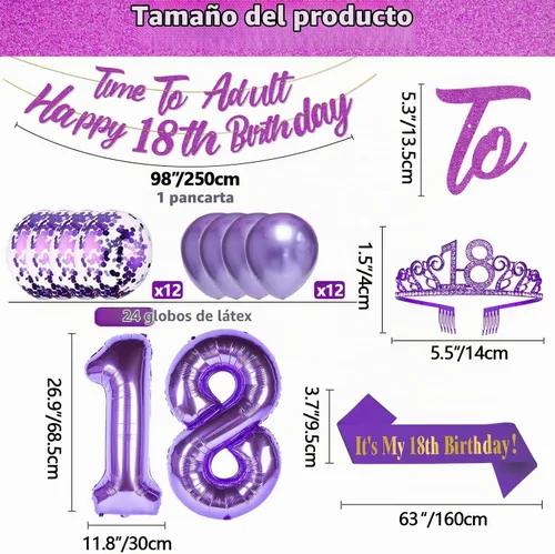 Vista 5 de Decoraciones moradas de cumpleaños número 18 para niñas, banda, tiara de 40 pulgadas, globos de papel de aluminio, globos de confeti de oro rosa