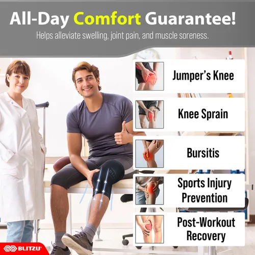 Vista 9 de BLITZU - Rodillera de compresión para hombres y mujeres – mejor soporte para correr, gimnasio, entrenamiento, fitness, levantamiento de pesas.