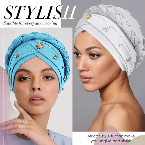 Vista 6 de 6 piezas de turbante africano para mujer, gorras trenzadas con cuentas elásticas