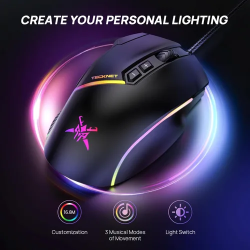 Vista 4 de TECKNET Ratón para juegos con cable, 12,800 DPI con sensor óptico, 8 botones programables, 13 modos retroiluminados RGB, diseño ergonómico, ratones