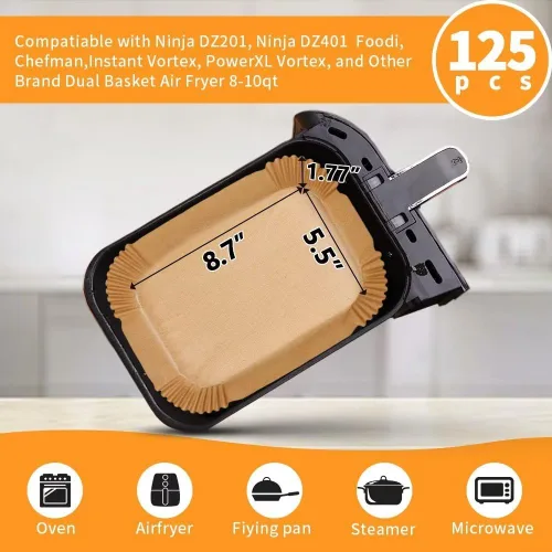 Vista 2 de Revestimientos desechables para freidora de aire para Ninja Airfryer: 125 piezas de papel pergamino rectangular de 8.7x5.5" para freidora de aire