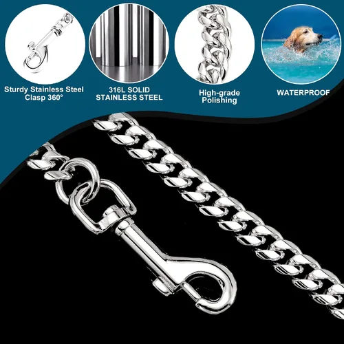 Vista 4 de Correa de cadena de plata para perro, acero inoxidable de oro de 18 quilates, correa de perro con mango de cuero para perros (3 pies/plateado)