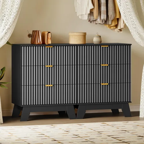 Vista 7 de BORNOON Cómoda con 3 cajones acanalados, cómoda de madera moderna y compacta de 30.3" de altura estilo Boho, gabinete de almacenamiento
