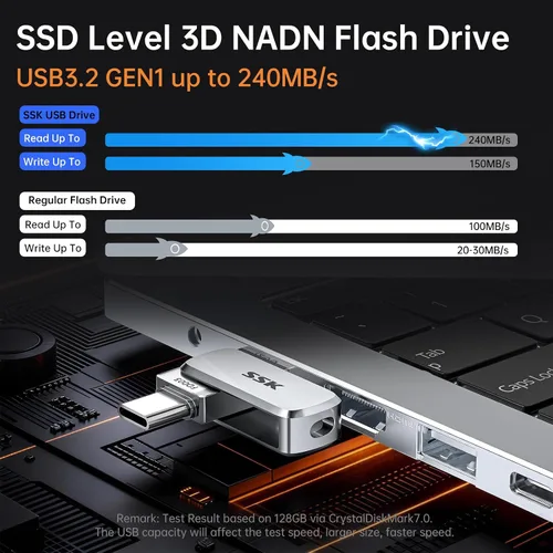Vista 3 de SSK Unidad Flash USB C de 128GB Unidad Thumb Drive de hasta 240 MB/s, Unidad Flash USB Dual USB-C y A 3.2, Memoria USB Pendrive de Zinc Memory Stick