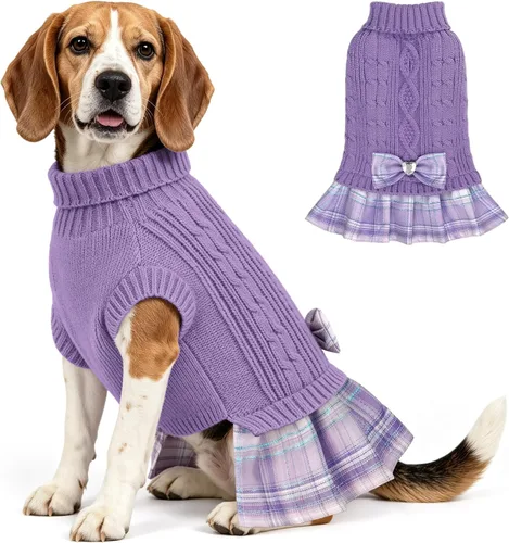 Vista 12 de YUDODO Small Dog Sweater Dress with Bowtie Turtleneck - Knitted Pet Clothes Dusty Pink