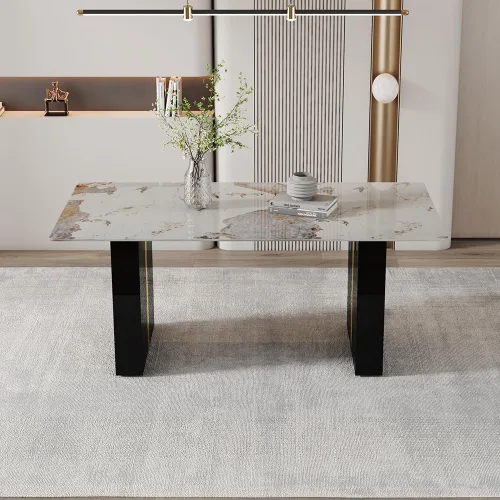 Vista 7 de Mesa de comedor moderna para mesa de comedor de mármol sintético blanco de 6, 8, 71 pulgadas, con patas negras y doradas, mesa de cocina rectangular
