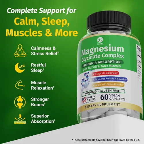 Vista 4 de 1 Body Complejo de glicinato de magnesio, suplemento de magnesio de alta absorción para calma, relajación muscular y apoyo a la salud ósea, vegano