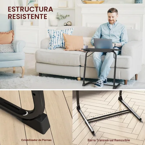Vista 4 de Mesa con bandeja de TV, mesa de comedor ajustable para comer en el sofá con soporte para tazas, escritorio plegable con 6 ajustes de altura y 3