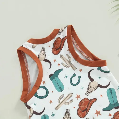 Vista 7 de Omkzanbi Ropa de verano para bebé del oeste, ropa de verano retro con estampado de vaca, mameluco sin mangas, lindo mono de vaquero de campo de 0-18