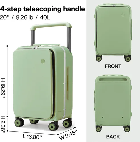 Vista 6 de mixi Maleta de viaje con ruedas de diseño de lujo con asa ancha para equipaje, con marco de aluminio, ruedas giratorias, Verde aguacate