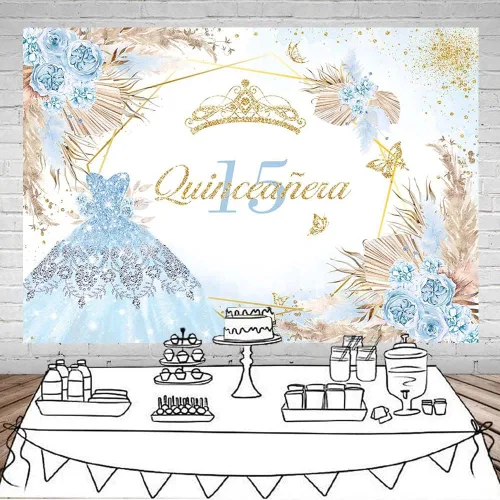 Vista 2 de Mocsicka Quinceanera - Telón de fondo de cumpleaños número 15, para mujeres y niñas, bohemio, elegante, flores rosadas, fondo de vinilo bohemio, Azul