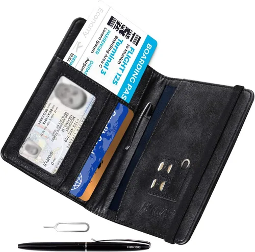 Vista 2 de HERRIAT - Portapasaportes de cuero auténtico, con bloqueo RFID para viaje, con compartimento para documentos de identificación, billetera de viaje