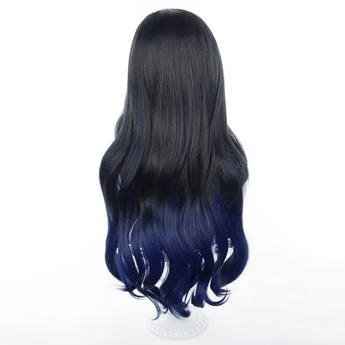 Vista 5 de Pelucas largas de cabello negro y azul mezclado con flequillo para fiesta de Navidad de Halloween para mujeres